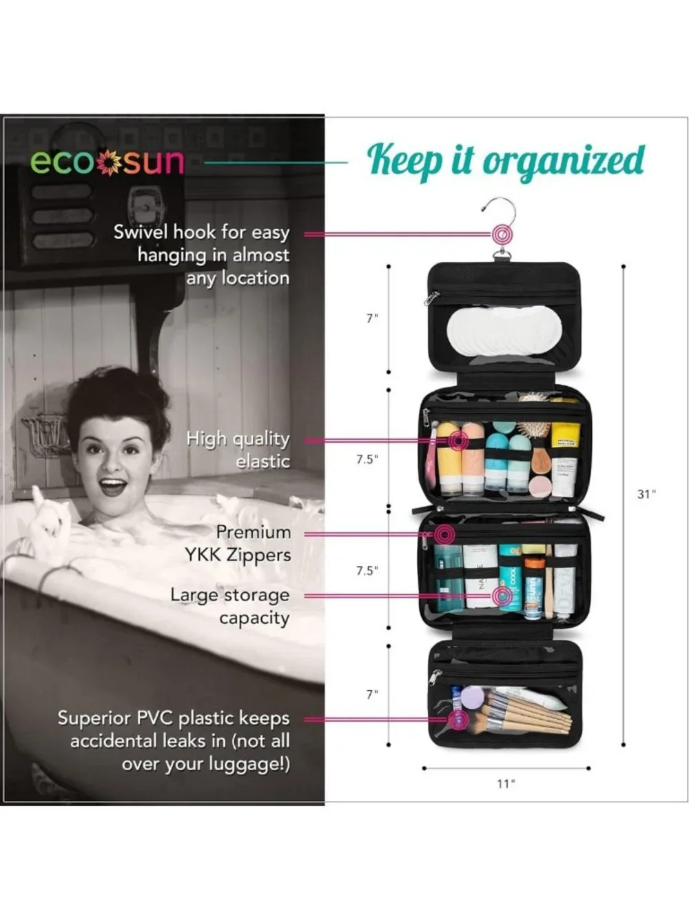 Water-Resistant Hanging Travel Toiletry Bag - Eco-Friendly Organizer for